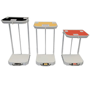 Three medical sack holders with colored lids for waste segregation in healthcare settings