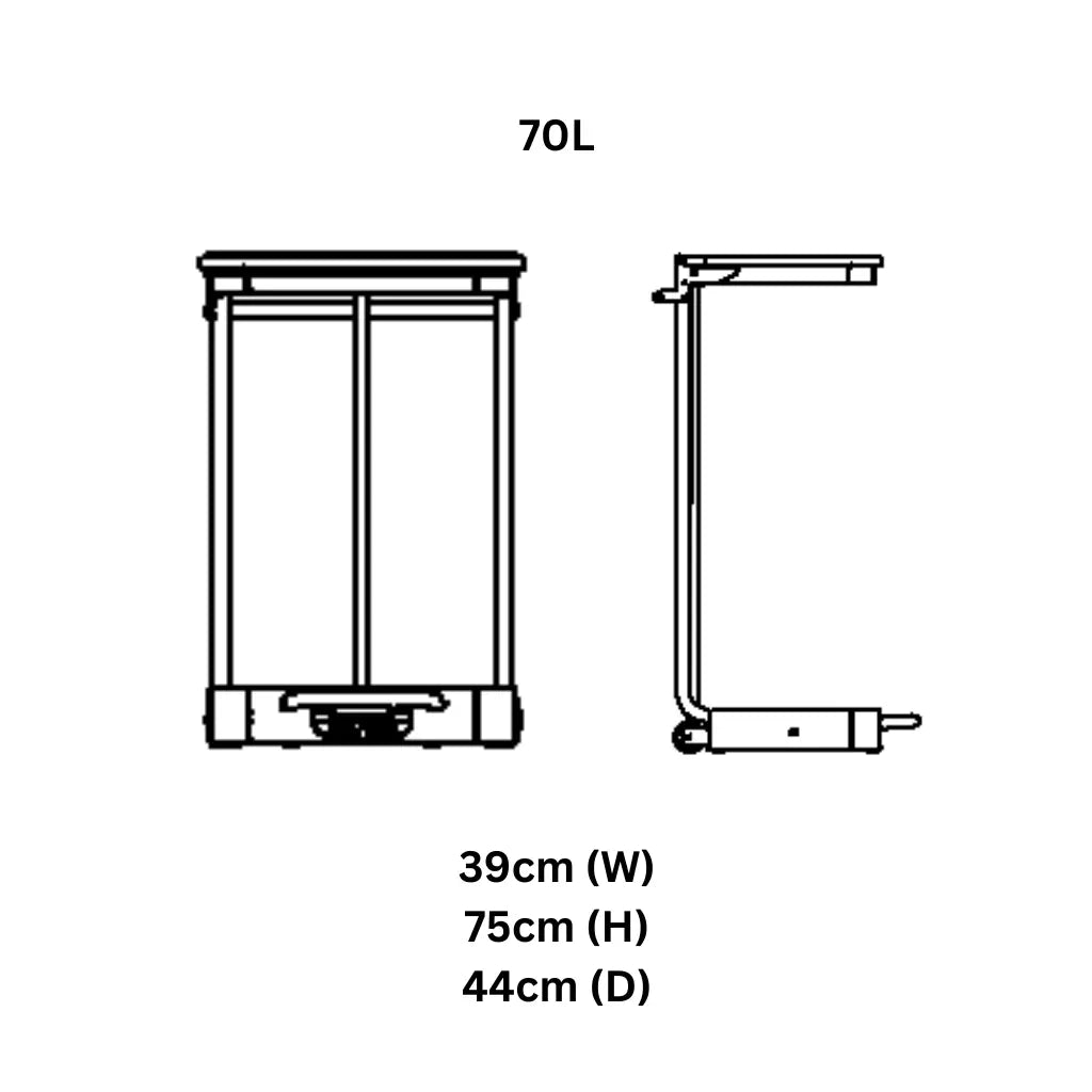 70L medical sack holder with pedal, shown in front and side views, dimensions 39x75x44cm