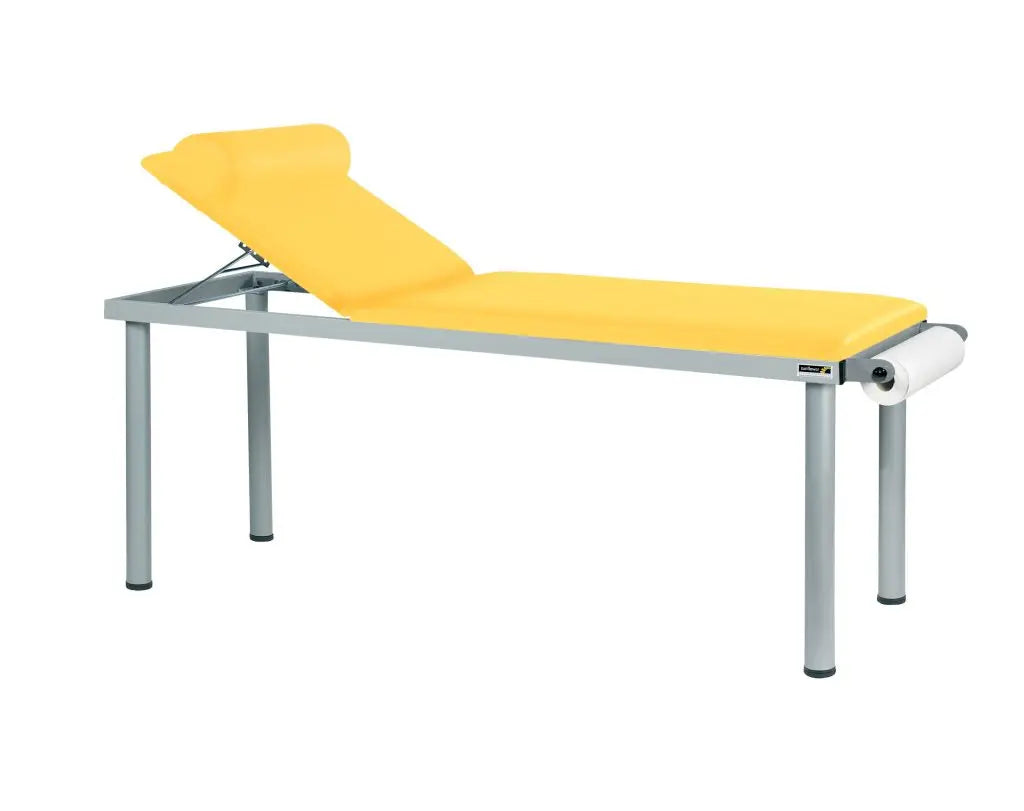 Practitioner Deluxe Examination Couch by Sunflower with adjustable headrest and sturdy frame, shown in a clinical setting.
