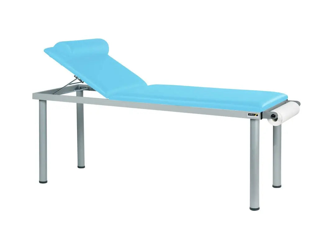 Sunflower Practitioner Deluxe Examination Couch in lapis blue with adjustable headrest and padded surface for medical exams.