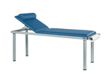 Blue Practitioner Deluxe Examination Couch by Sunflower with blue upholstery, adjustable headrest, and padded surface for medical exams.