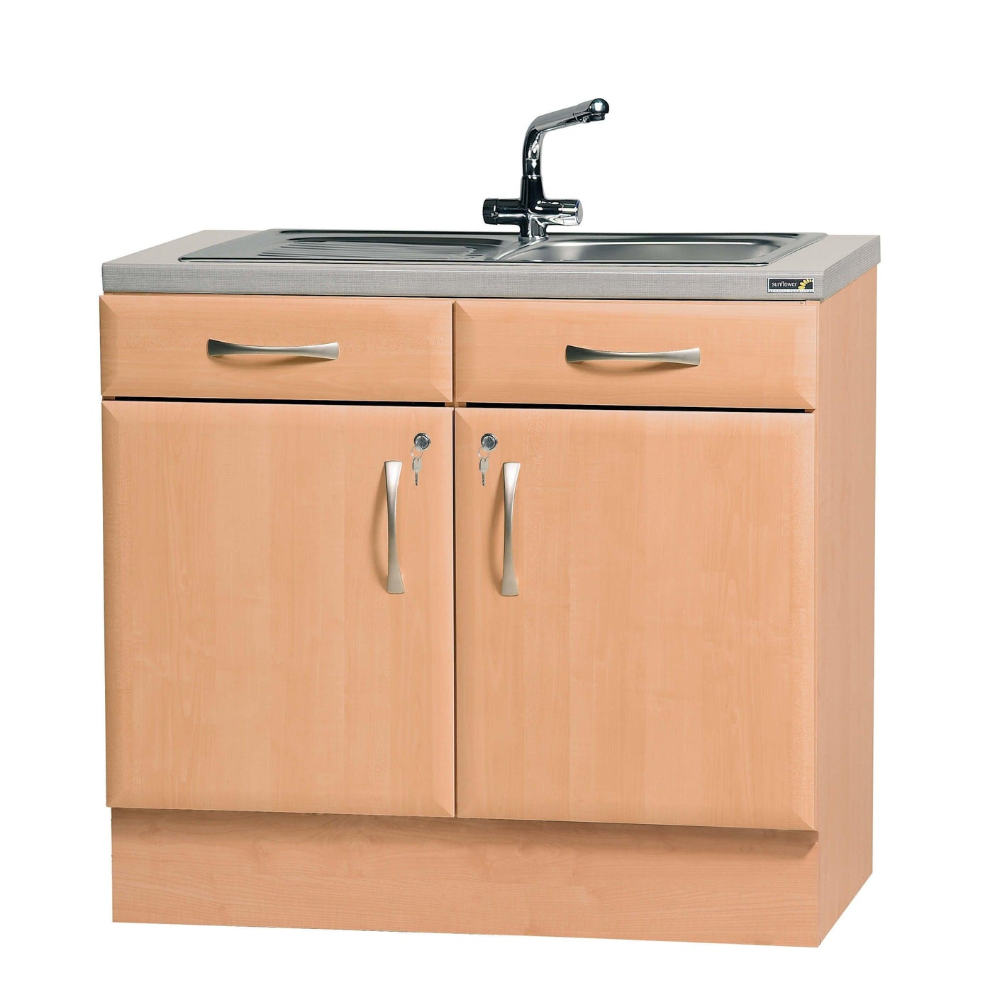 Sunflower 100cm beech sink cabinet excluding sink, showing smooth wood finish and modern design with storage drawers and cabinet doors.