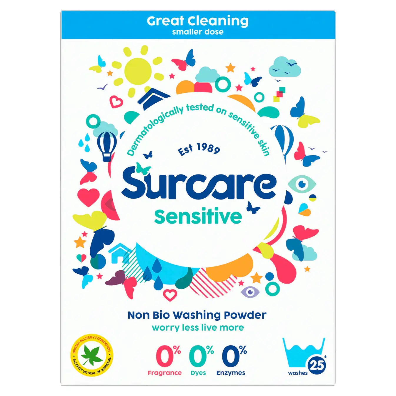 Surcare Sensitive Non Bio Washing Powder 1.2kg box for sensitive skin, 25 washes, fragrance free