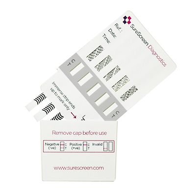 SureScreen 10-Parameter Drugs of Abuse Test panel showing multiple drug detection strips on a white background.