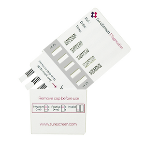 SureScreen 10-Parameter Drugs of Abuse Test panel showing multiple drug detection strips on a white background.