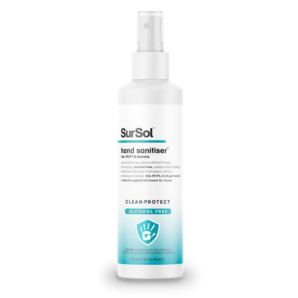 SurSol alcohol-free hand sanitizer in a 250ml bottle, clear liquid with a white label and pump dispenser.