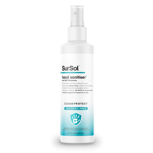 SurSol alcohol-free hand sanitizer in a 250ml bottle, clear liquid with a white label and pump dispenser.