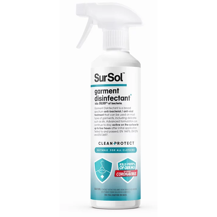 SurSol™ Garment and fabric disinfectant 75ml bottle with label, designed to disinfect clothing and fabrics effectively.