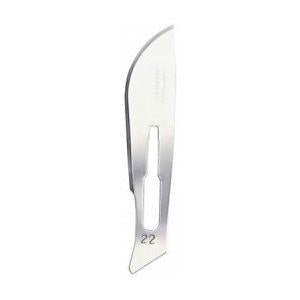 Swann Morton Blade No.22 carbon steel non-sterile surgical blades in a pack of 100, with sharp pointed edge and stainless steel handle