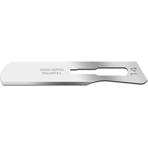 Box of 100 Swann Morton No 14 Carbon Sterile Blades for precise surgical and craft cutting tasks.