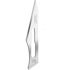 Box of 100 Swann Morton Non-Sterile Surgical Scalpel Blade No.26, sharp, sterile blades for precise surgical procedures.