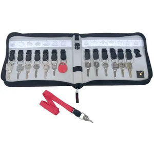 Open TEE-UU KeySafe key briefcase with 14 keys inside, showing organized metal key map and secure storage system.