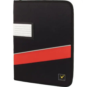Black and red key storage folder with label slot, zipper closure, and reflective strip.