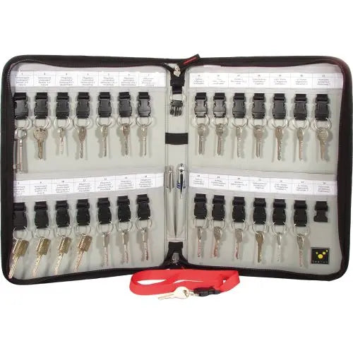 Large key storage case opened, displaying organized keys on labeled clips, lanyard included