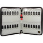 Open key organizer case with multiple key hooks and secure straps displayed