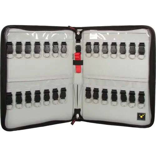 Open key organizer case with multiple key hooks and secure straps displayed