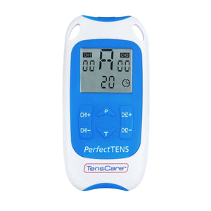 Tenscare Perfect TENS device showing a compact black unit with control buttons and a connected electrode pad.