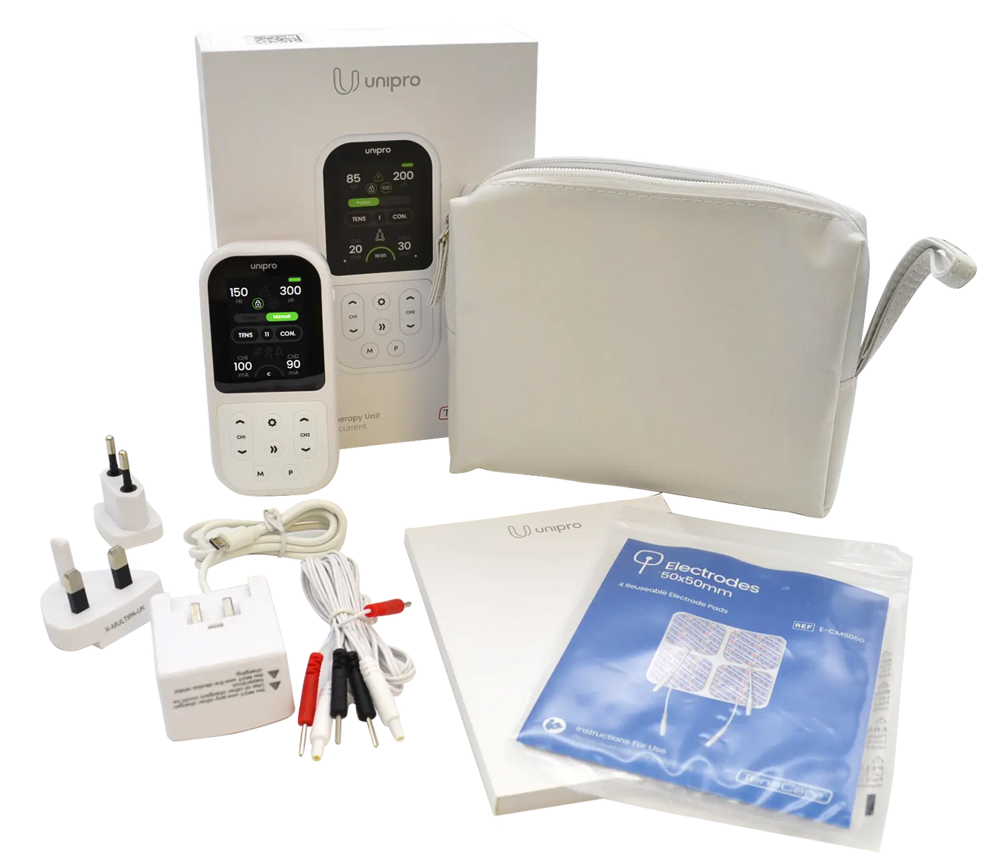 Unipro physiotherapy TENS device set with accessories, electrode pads, and carry pouch.