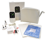 Unipro physiotherapy TENS device set with accessories, electrode pads, and carry pouch.