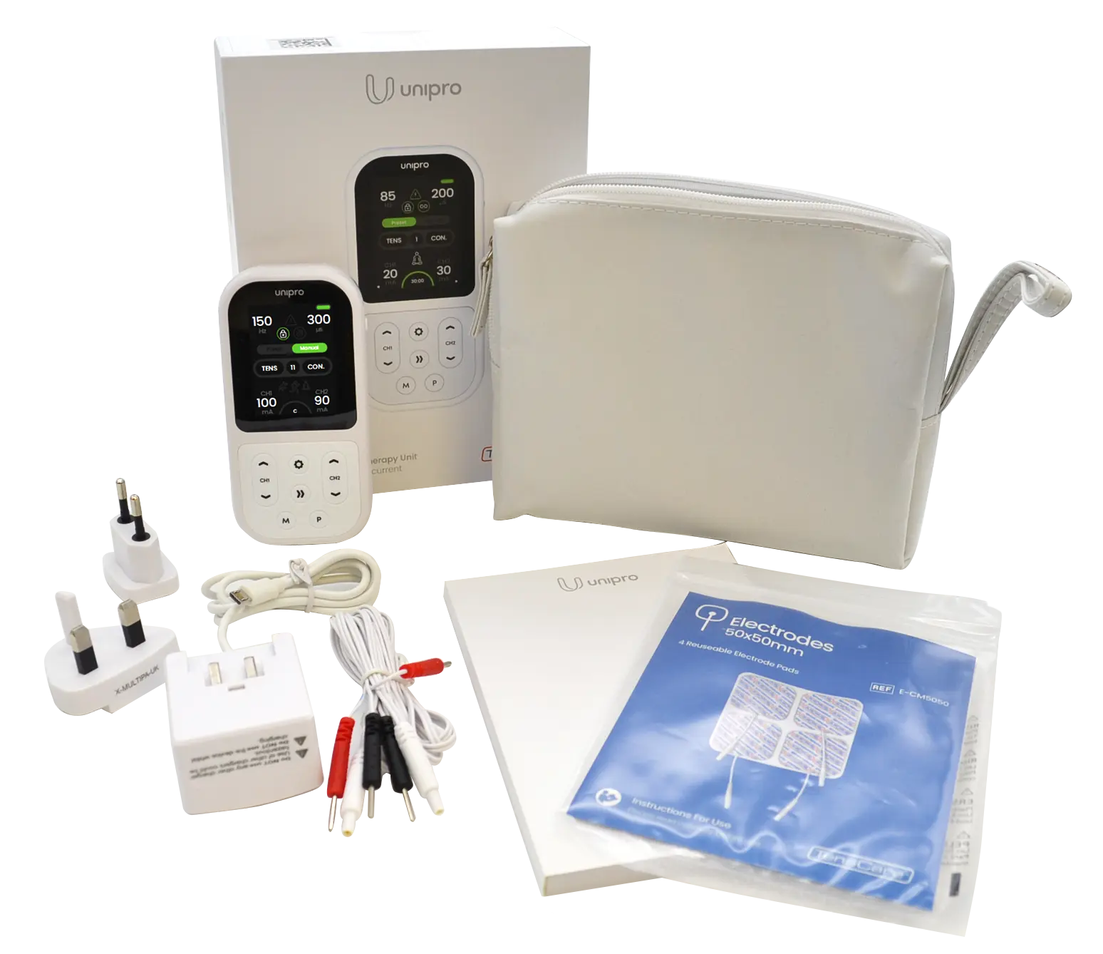 Unipro physiotherapy TENS device set with accessories, electrode pads, and carry pouch.