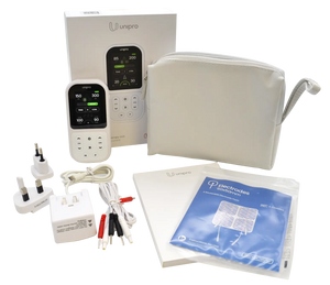 Unipro physiotherapy TENS device set with accessories, electrode pads, and carry pouch.