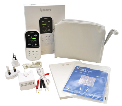 Unipro physiotherapy TENS device set with accessories, electrode pads, and carry pouch.