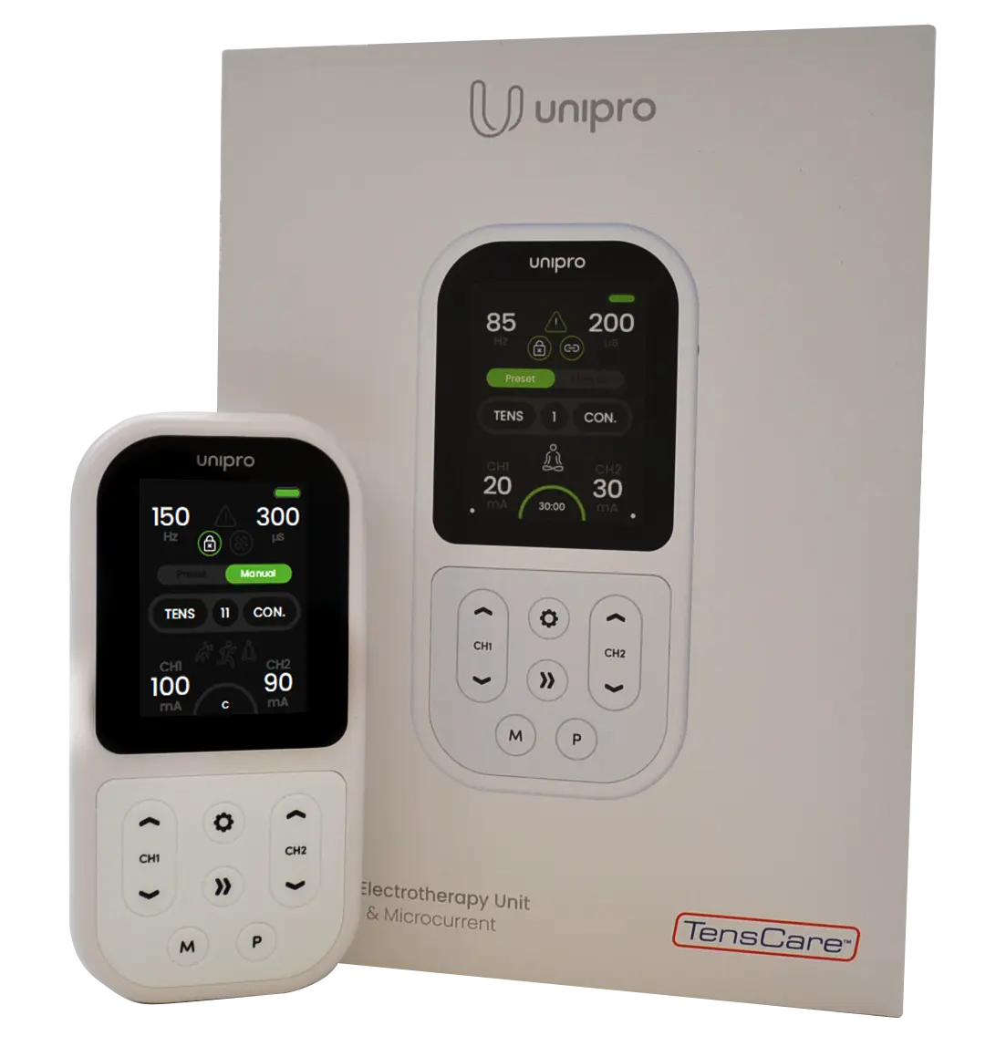 Unipro digital electrotherapy device and packaging for physiotherapy and rehabilitation