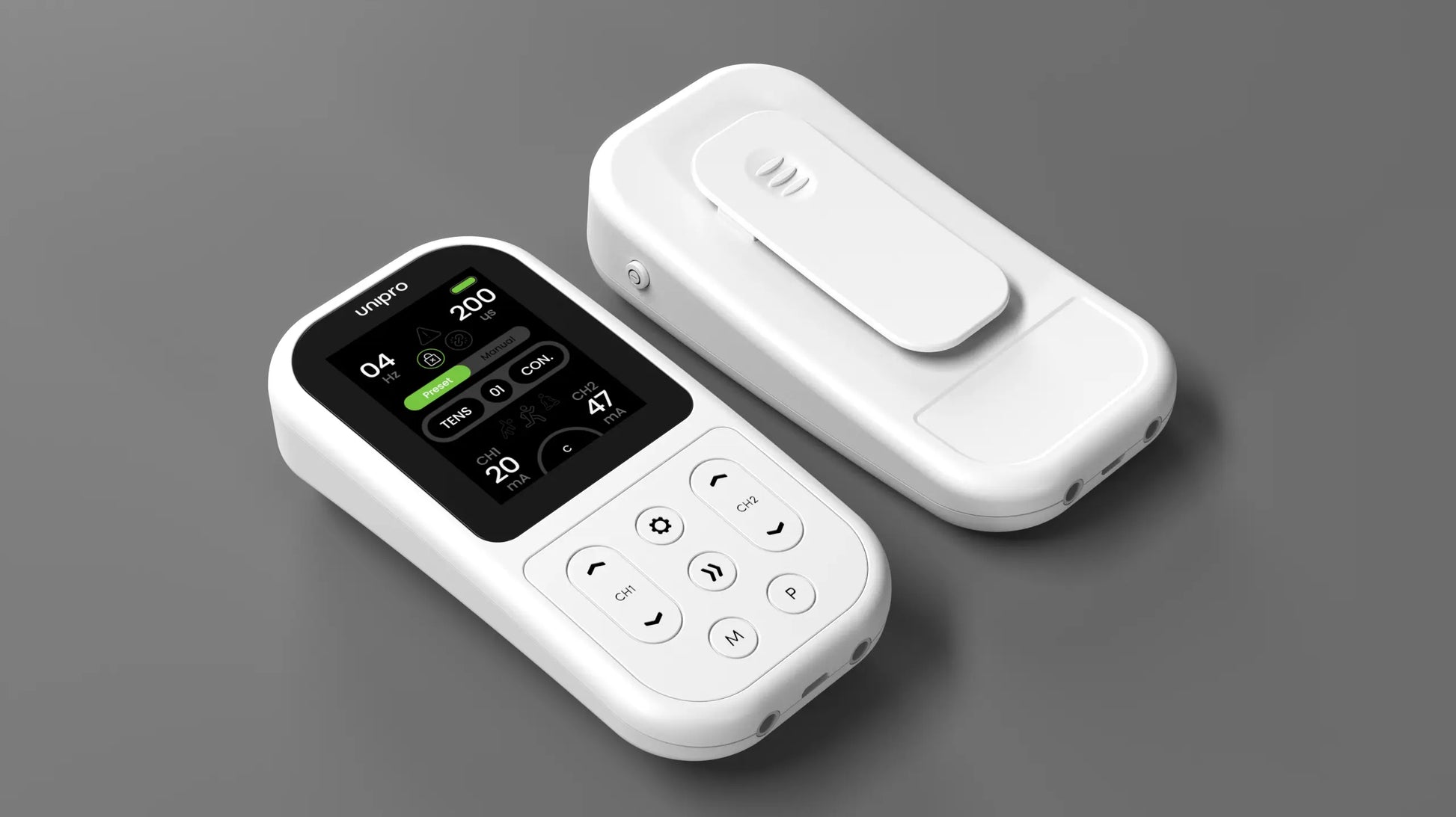 Digital physiotherapy and rehabilitation device with screen and control buttons on grey background