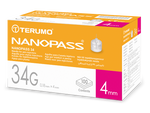 Terumo Nanopass 34G needle for pen injectors, pack of 100, showing sterile, ultra-fine needles suitable for precise injections.