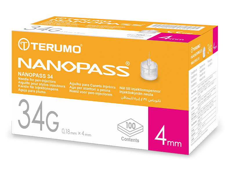 Terumo Nanopass 34G needle for pen injectors, pack of 100, showing sterile, ultra-fine needles suitable for precise injections.