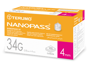 Terumo Nanopass 34G needle for pen injectors, pack of 100, showing sterile, ultra-fine needles suitable for precise injections.