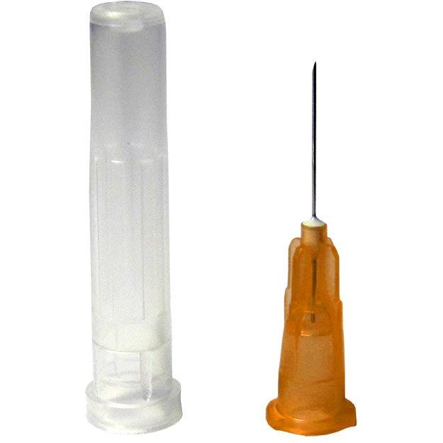 Terumo AGANI 25G orange needle, 1 inch, sterile medical needle, shown in packaging for injection or IV use.