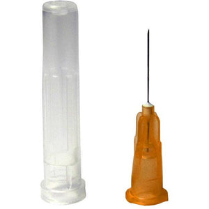 Terumo AGANI 25G orange needle, 1 inch, sterile medical needle, shown in packaging for injection or IV use.