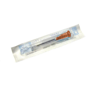 Terumo AGANI 25G orange needle, 1 inch, sterile medical needle for injections, shown in packaging.