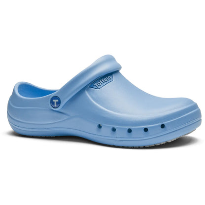 Toffeln EziKlog V2.0 slip-resistant work clogs in black with cushioned sole, designed for comfort and safety in healthcare settings.