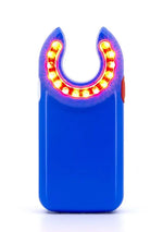 Blue medical device with red LED safety lights illuminated, white background