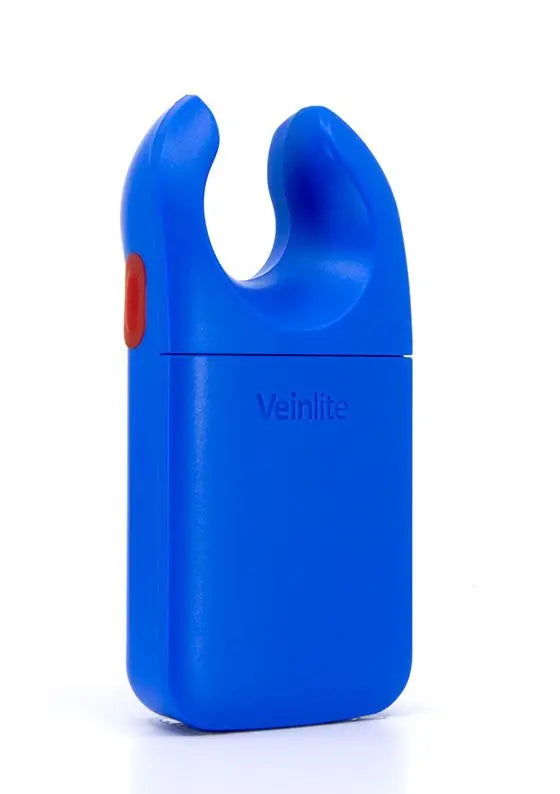 Blue handheld Veinlite vein finder device with red button for medical use