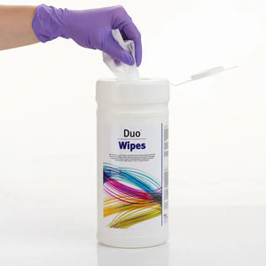 Box of six Tristel Dry Duo Wipes, 200 wipes each, in a white packaging box, designed for hygiene and cleaning purposes.