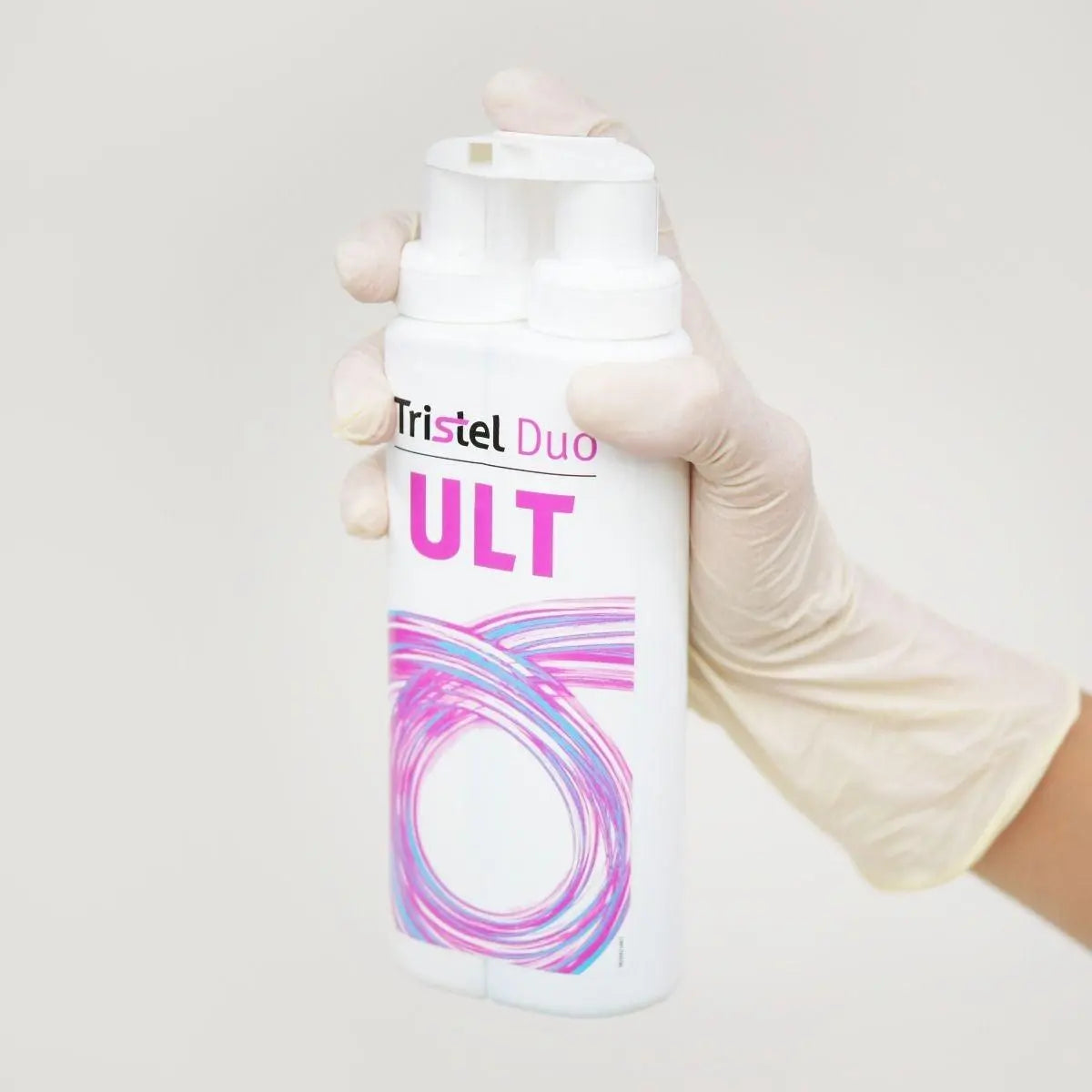 Tristel Duo ULT Foam 250ml for ultrasound cleaning, white foam bottle with label, used for disinfecting ultrasound equipment.