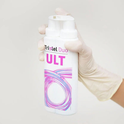 Tristel Duo ULT Foam 250ml for ultrasound cleaning, white foam bottle with label, used for disinfecting ultrasound equipment.