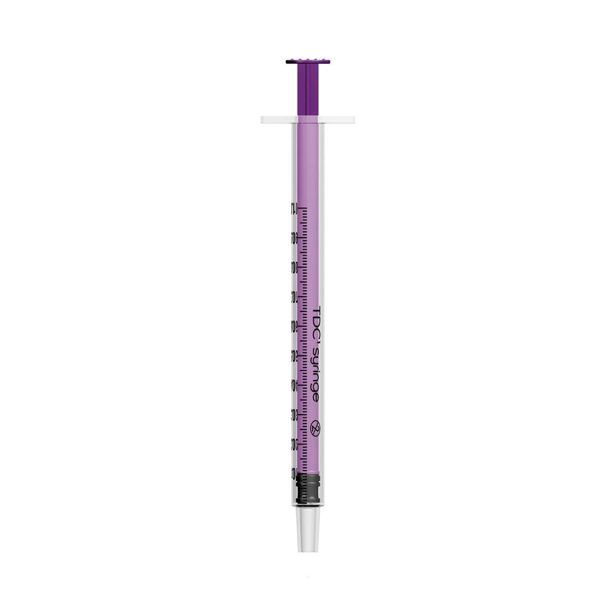 Set of 100 Unisharp 1ml syringes with purple plungers, medical-grade plastic, suitable for precise liquid measurement.
