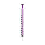 Set of 100 Unisharp 1ml syringes with purple plungers, medical-grade plastic, suitable for precise liquid measurement.