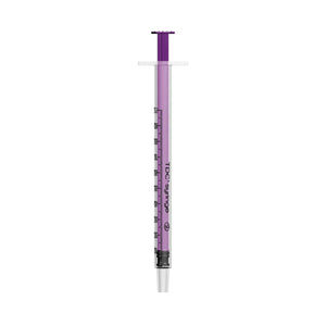Set of 100 Unisharp 1ml syringes with purple plungers, medical-grade plastic, suitable for precise liquid measurement.