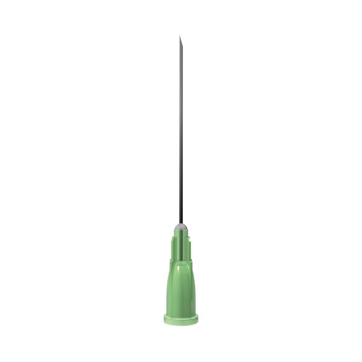 Green 21G 1.5-inch (38mm) Unisharp needle, sterile, packed in a box of 100 for medical or laboratory use.
