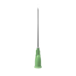 Green 21G 1.5-inch (38mm) Unisharp needle, sterile, packed in a box of 100 for medical or laboratory use.
