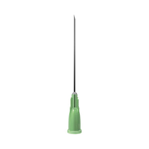 Green 21G 1.5-inch (38mm) Unisharp needle, sterile, packed in a box of 100 for medical or laboratory use.