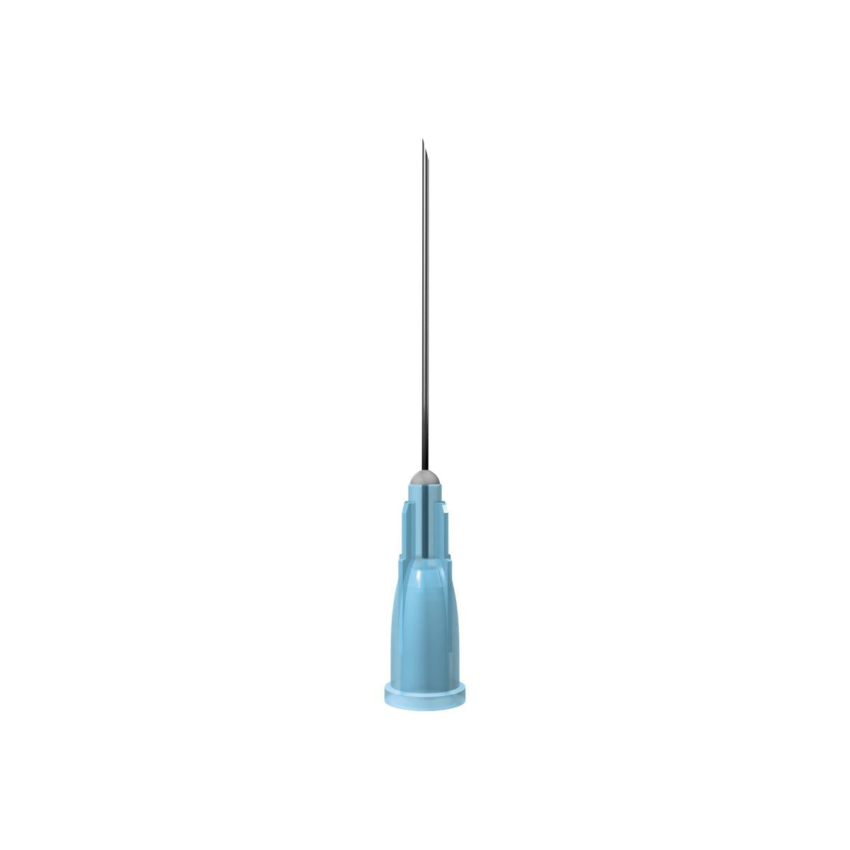 Unisharp 23G 1 1/4 inch long blue needle, sterile single-use medical needle, with 100 units in packaging.