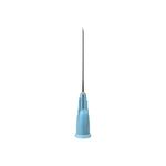 Unisharp 23G 1 1/4 inch long blue needle, sterile single-use medical needle, with 100 units in packaging.