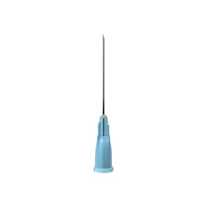 Unisharp 23G 1 1/4 inch long blue needle, sterile single-use medical needle, with 100 units in packaging.