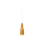 Orange 25G 1-inch needle by Unisharp, sterile medical needle for injections, displayed with multiple needles in the image.